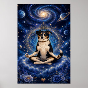 Affiche Chien tricolore méditant Mandala de yoga zen cosmi