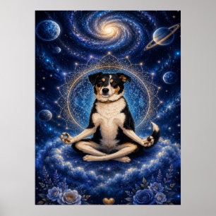 Affiche Chien tricolore méditant Mandala Yoga Zen Cosmique