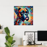 Affiche Chien Turquoise Bleu Chien de la boîte d'art pop c<br><div class="desc">Les chiens de boxe sont souvent considérés comme des symboles de loyauté, de courage et de protection. Ils sont connus pour leur nature ludique et énergique, ainsi que pour leur lien étroit avec leurs familles. Les boxeurs sont également associés à la résilience et à la détermination, reflétant leur histoire de...</div>