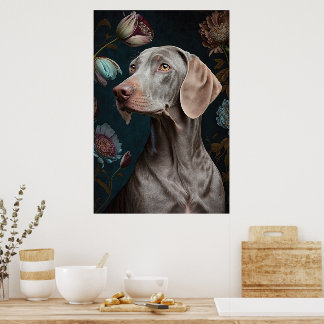 Affiche Chien Weimaraner avec fleurs | Élégant portrait d'