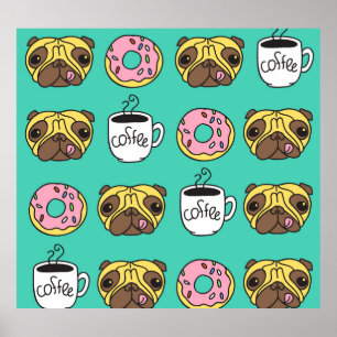 Affiche Chiens amusants, beignets, motif de café.