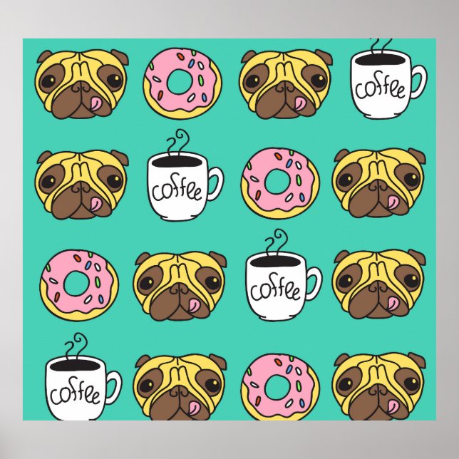 Affiche Chiens amusants, beignets, motif de café. (Devant)