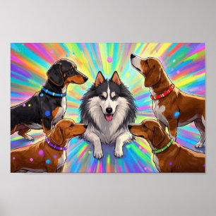 Affiche Chiens Chiots avec fond arc-en-ciel