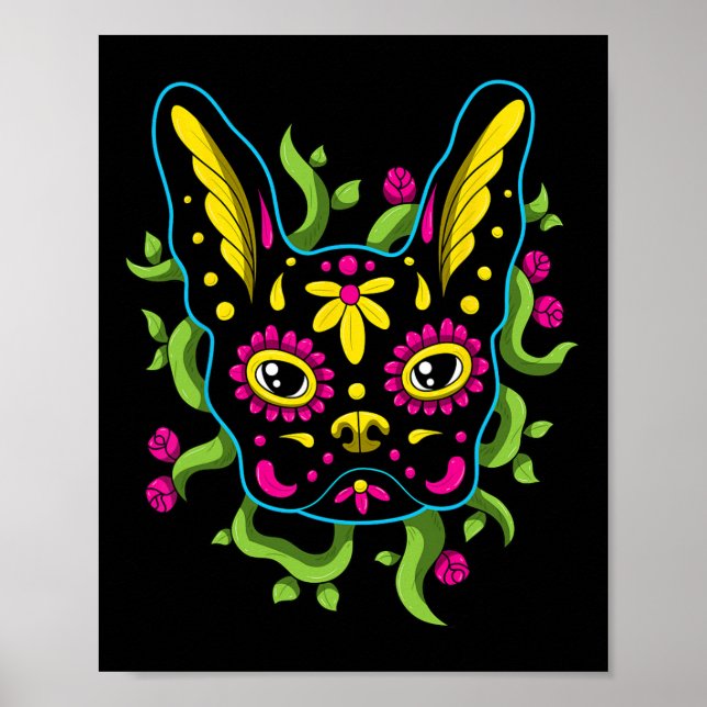 Affiche Chiens De Bulldog Calavera Dia De Los Muertos (Devant)