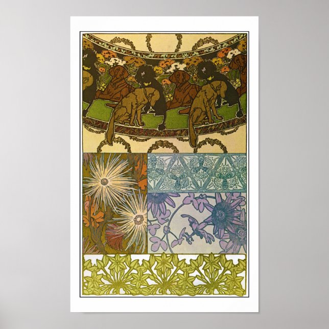 Affiche Chiens & Fleurs de style Art Nouveau, Mucha (Devant)