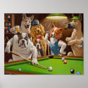 Affiche Chiens jouant au billard de piscine par Cassius Ma