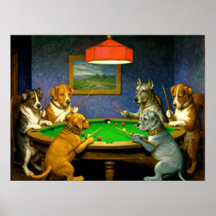 Affiche Chiens Jouant au Snooker Billard Détente Moquerie