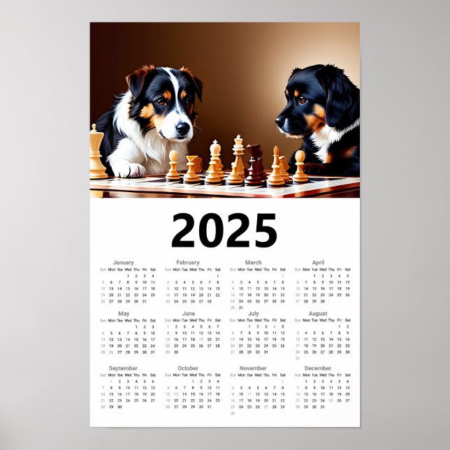 Affiche Chiens jouant aux échecs 2025 Calendrier (Devant)