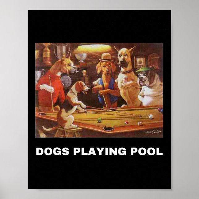 Affiche Chiens Jouer Pool Art Travail Chiots Snooker Poche (Devant)