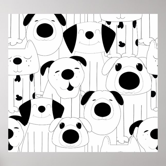 Affiche Chiens mignons : dessin animé noir, blanc. (Devant)