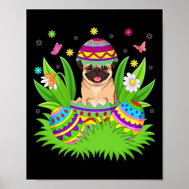 Affiche Chiens Pug Joyeuses Pâques Lapin Chasse aux œufs P (Devant)
