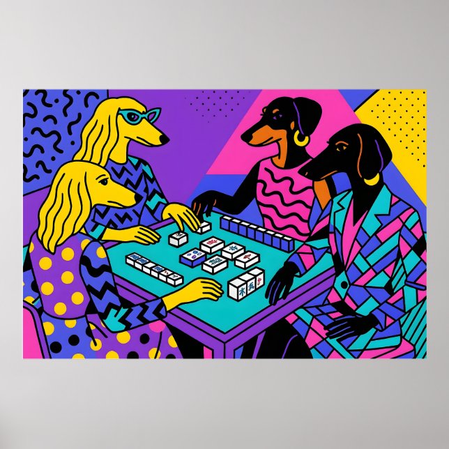 Affiche Chiens Rétro Jouant au Mahjong (Devant)
