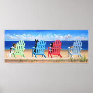 Affiche Chiens sur Rainbow Adirondack chaises à la plage