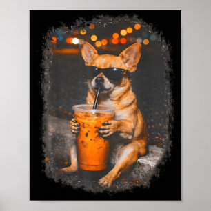 Affiche Chihuahua avec des lunettes buvant du café glacé c