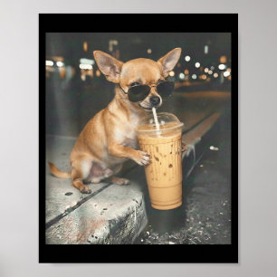 Affiche Chihuahua buvant un café glacé mème animal drôle
