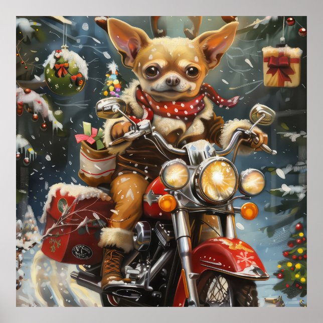 Affiche Chihuahua Chien à moto Noël  (Devant)