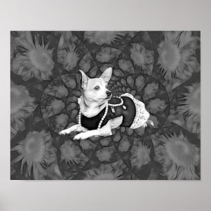 Affiche Chihuahua Floral Vintage Chien Noir Et Blanc Art