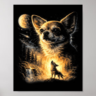 Affiche Chihuahua hurlant à la lune mème de chien rétro 90