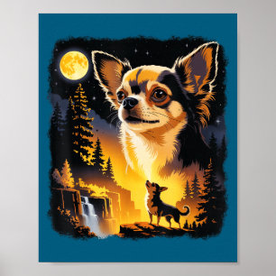 Affiche Chihuahua mignon hurle Lune Vintage Drôle