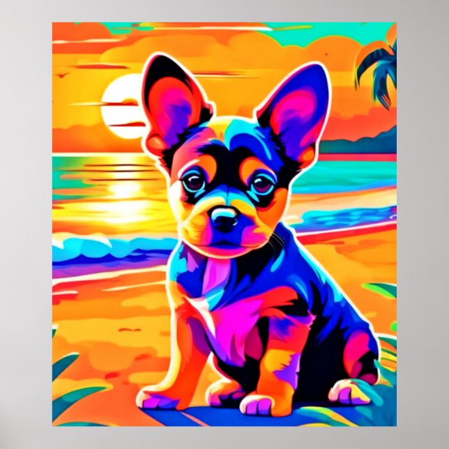 Affiche Chihuahua Puppy coloré sur Sunset Beach (Devant)
