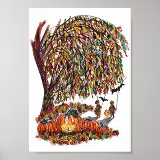 Affiche Children Playing Bats Halloween Watercolor