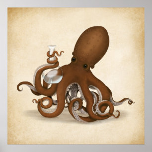 Affiche Chimiste Octopus tenant flacon de verre Steampunk 