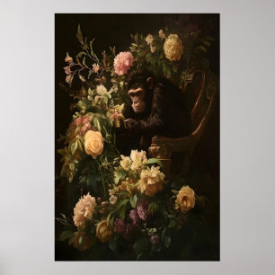Affiche Chimp & Blooms Dark Academia Art Floral, Vintage