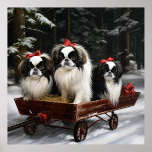 Affiche Chin Japonais Traîneau enneigé Décor de Noël