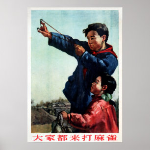 Affiche Chine 1956 Un garçon tire sur l'élevage du Bruant