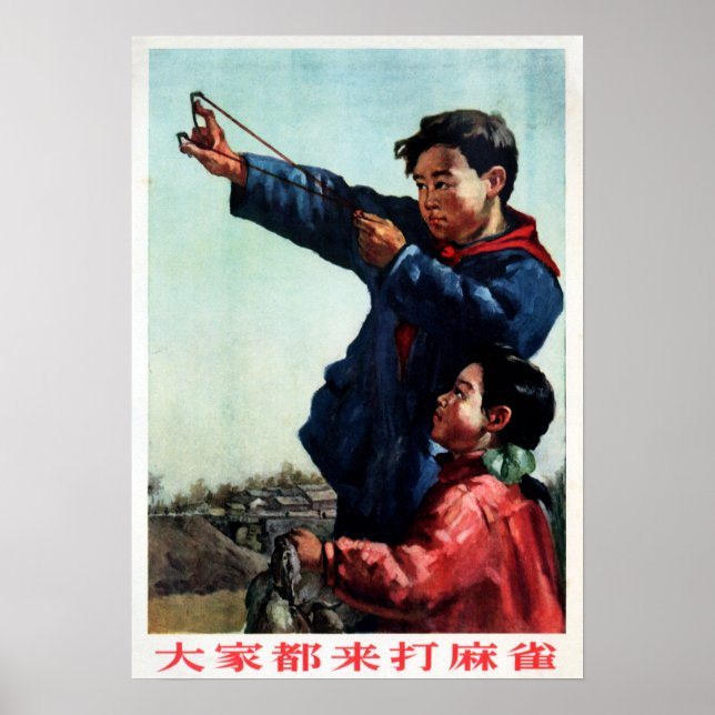 Affiche Chine 1956 Un garçon tire sur l'élevage du Bruant (Devant)