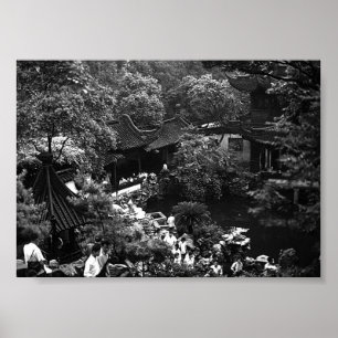 Affiche Chine Ancienne Shanghai touristes du jardin Yuyuan