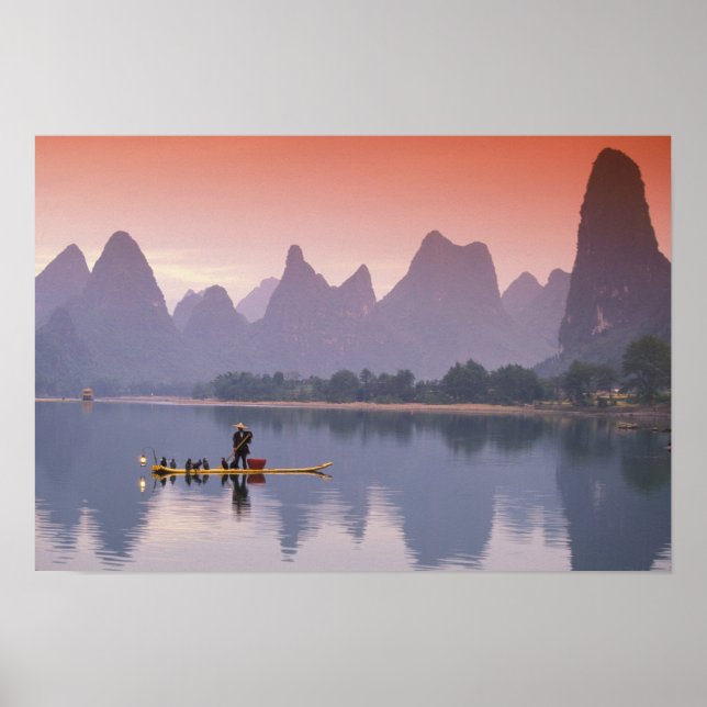 Affiche Chine, Li River. Pêcheur unique au cormoran. (Devant)