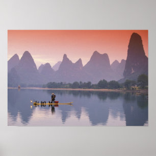 Affiche Chine, rivière Li. Pêcheur solitaire au cormoran.