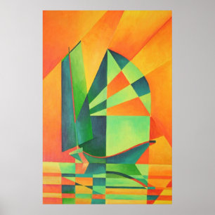 Affiche Chinese Junk Sails at Sunrise Orange And Green 