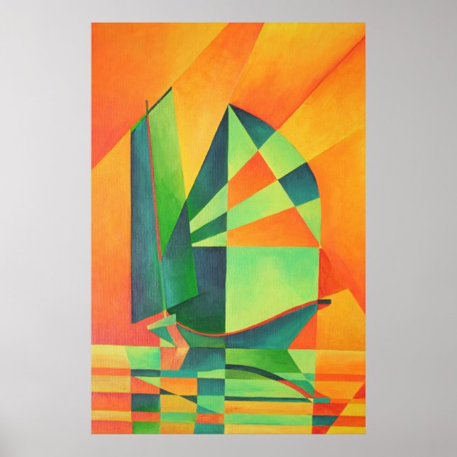 Affiche Chinese Junk Sails at Sunrise Orange And Green  (Devant)