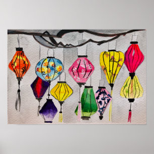 Affiche Chinese lanterns watercolor art