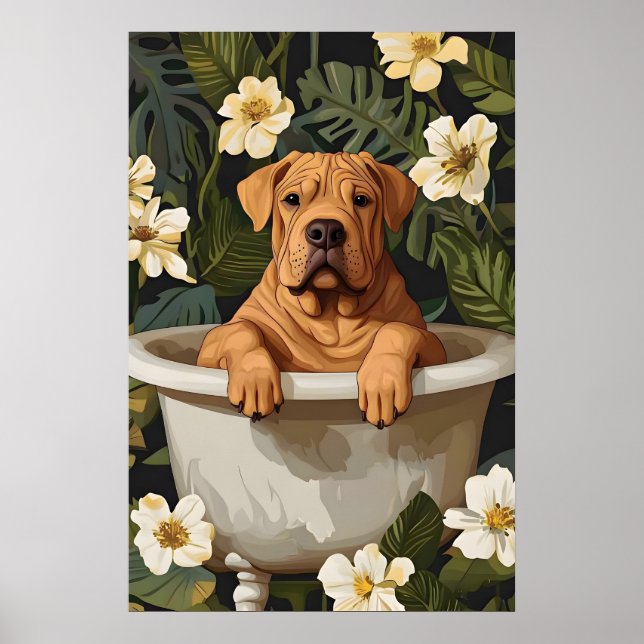 Affiche Chinese Shar Pei In Bathtub Poster, Funny Dog (Devant)