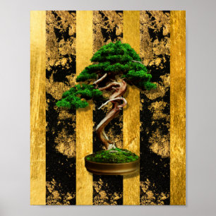 Affiche Chinois Asiatique Bonsai Arbre Vert Or Noir Imprim