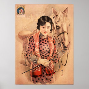Affiche Chinoise Lady Cheval Blanc Cigarettes Vieux Shangh