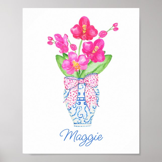 Affiche Chinoiserie Aquarelle Ginger Jar Orchidées (Devant)