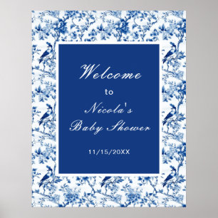 Affiche Chinoiserie Baby shower des oiseaux et fleurs bleu