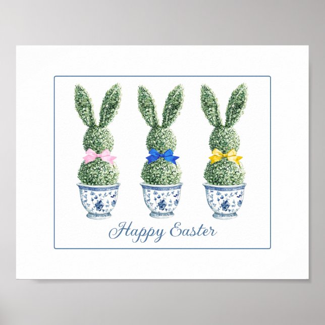 Affiche Chinoiserie Bleue et Blanche avec Topiaires de Lap (Devant)
