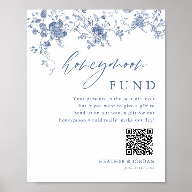 Affiche Chinoiserie Blue Floral Mariage Honeymoon Fund (Devant)