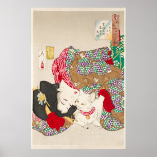 Affiche Chinoiserie Dame Japonaise & Chat Art du Kimono