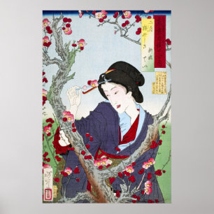 Affiche Chinoiserie Dame japonaise et fleur de cerisier ro