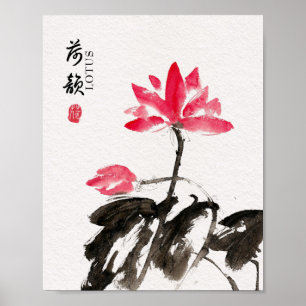 Affiche Chinoiserie Freehand Watercolor Lotus Flowers