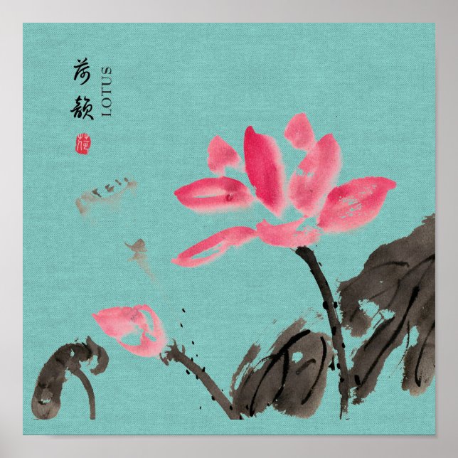 Affiche Chinoiserie Libre Aquarelle Lotus Fleurs (Devant)