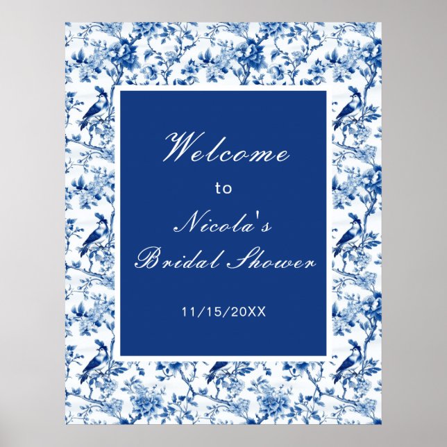 Affiche Chinoiserie Oiseaux bleus et Fleurs Baby Shower (Devant)