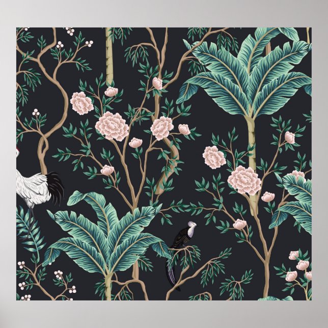 Affiche Chinoiserie Oiseaux exotiques : Mur de bananier Vi (Devant)