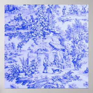 Affiche Chinoiserie Toile Blanc Bleu Français Style Rustiq